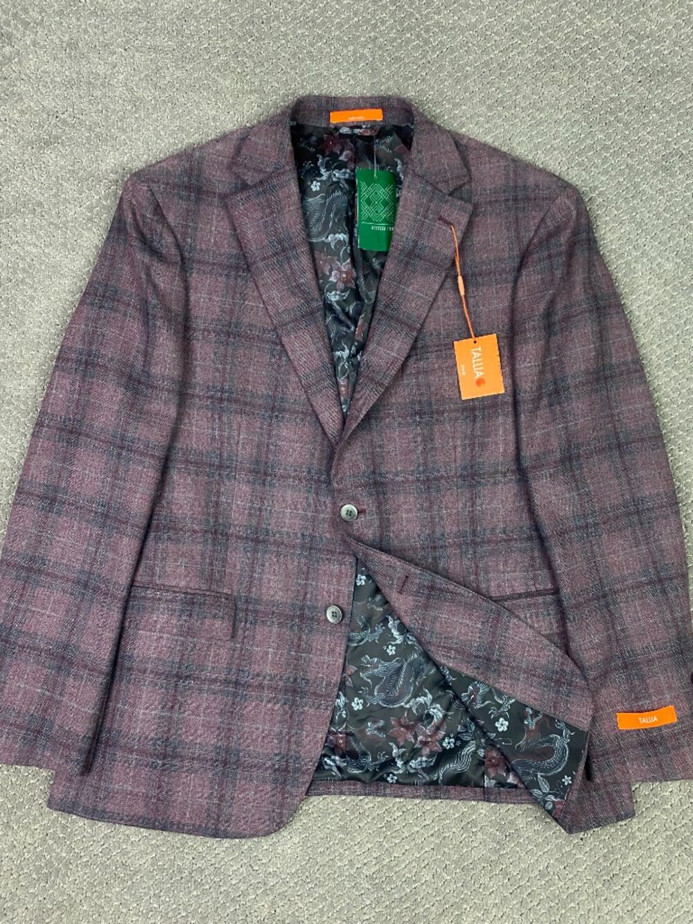 Tallia Blazer Sport Coat Mens 44 XL Slim Fit Gray Pink Windowpane Plaid Verdello